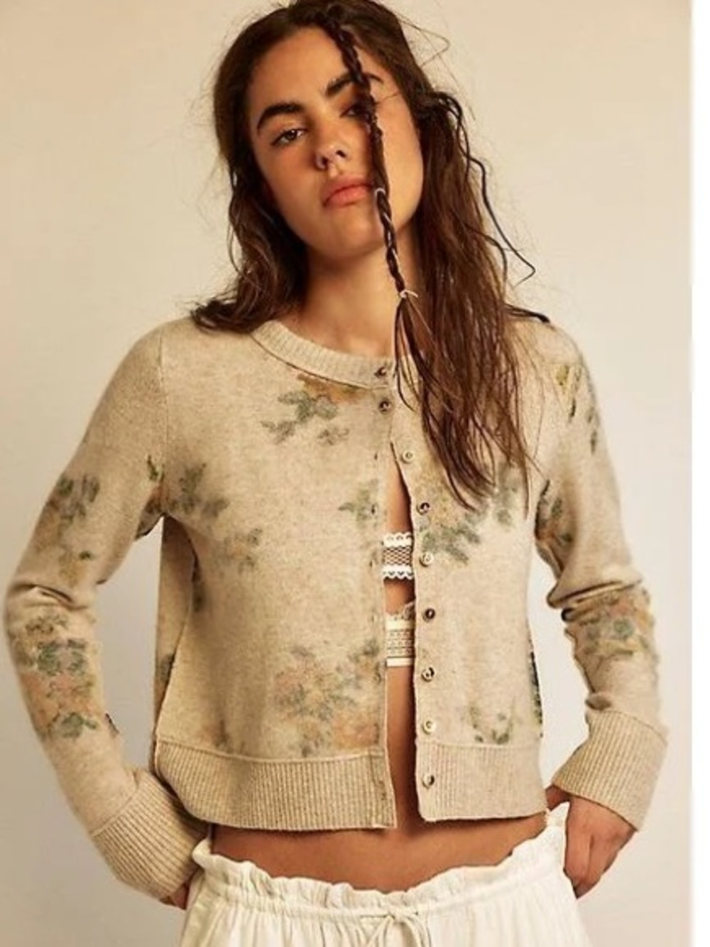 Free People Nocturnal Patterned Cashmere blend Cardi in Oat Combo NWT size XS